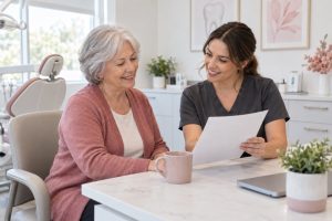 Older adult reviewing dental care information with a dental care coordinator
