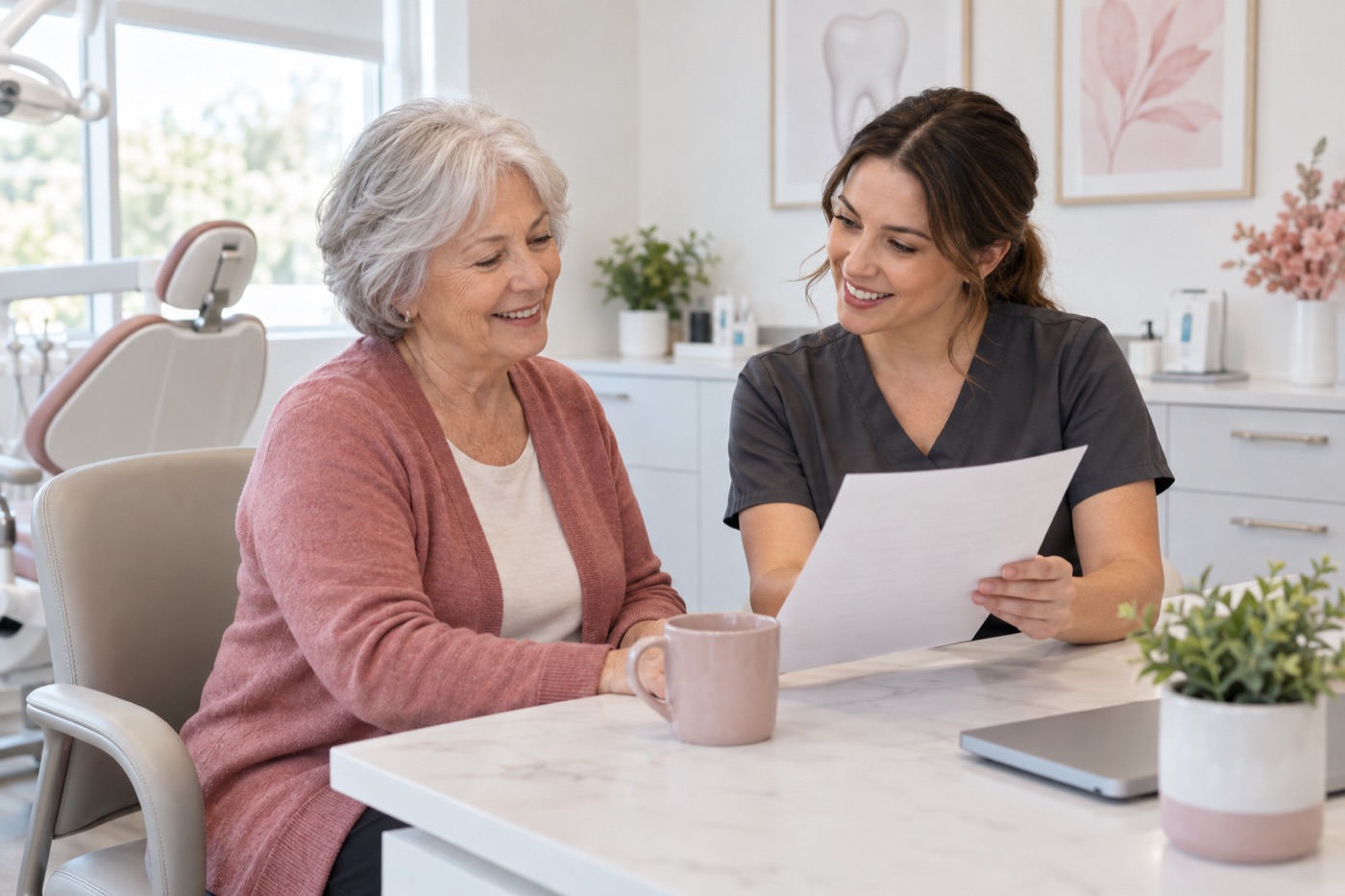 Older adult reviewing dental care information with a dental care coordinator